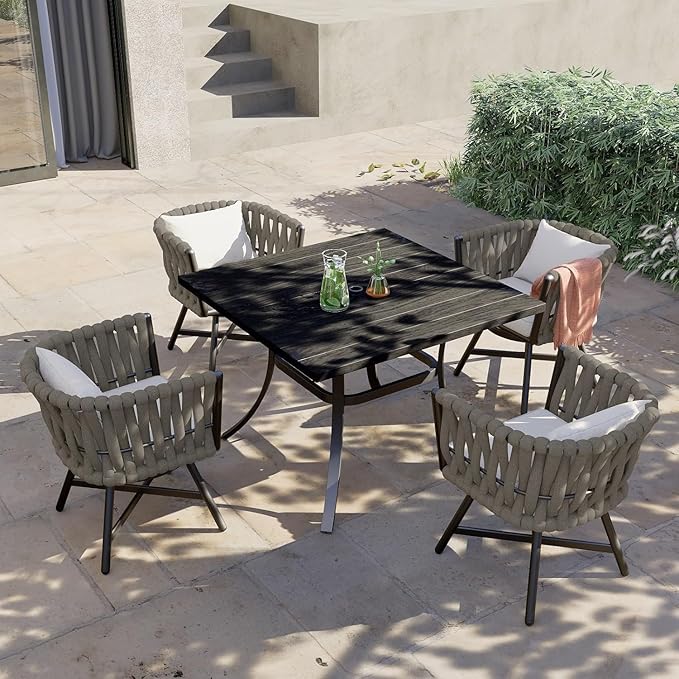 Grand patio 5-Piece Outdoor Dining Set for 4, Patio Dining Furniture Set for 4 Swivel Rope Wicker Chairs & 1 Square Dining Faux Woodgrain Table with Umbrella Hole, Light Gray Brown