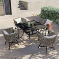 Grand patio 5-Piece Outdoor Dining Set for 4, Patio Dining Furniture Set for 4 Swivel Rope Wicker Chairs & 1 Square Dining Faux Woodgrain Table with Umbrella Hole, Light Gray Brown