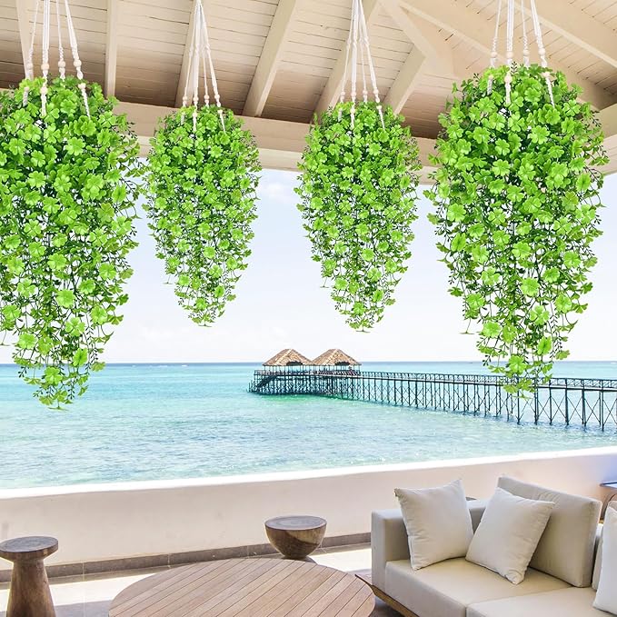 Waipfaru Artificial Hanging Four-leaf clover, 4pcs Fake Hanging Plants, Faux Ivy Pothos Vines Greenery for Wall Home Bedroom Living Room Aesthetic Kitchen Office Aesthetic Kitchen Indoor Outdoor Decor