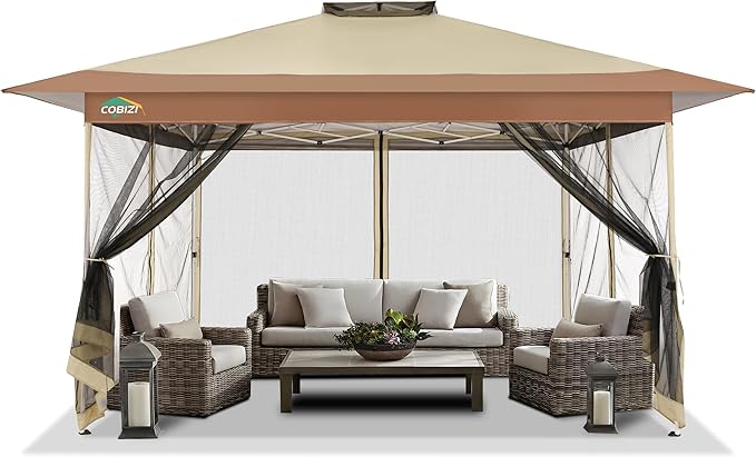 COBIZI 10x15 FT Pop up Gazebo on Clearance - Outdoor pop up Canopy Tent,carpas para Patio, Shelter - Screen Tents with Portable Carry Bag, Patio Gazebos for Camping,Garden,Deck,Backyard,Khaki