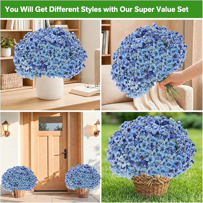60 Pack Artificial Flowers for Outdoor Indoor Fake Plants, Faux Silk Flowers for Outdoors Outside Front Porch Hanging Planter Window Box Garden Spring Decoration(Blue)