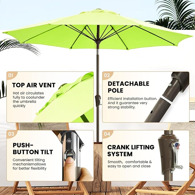 Ayge 9FT Large Outdoor Patio Umbrella Market Table Umbrella-UV Resistant, Easy Push Button Tilt and Crank, 8 Sturdy Fiberglass Ribs Heavy-Duty Pool Umbrella for Deck, Backyard,Garden,Lime