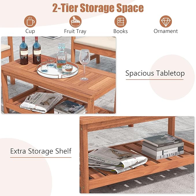 Tangkula Wood Outdoor Coffee Table, 2-Tier Patio Coffee Table with Slatted Hardwood Tabletop & Storage Shelf, Rectangle Wood Table for Deck, Garden, Balcony, Indoor or Outdoor Use (Natural)