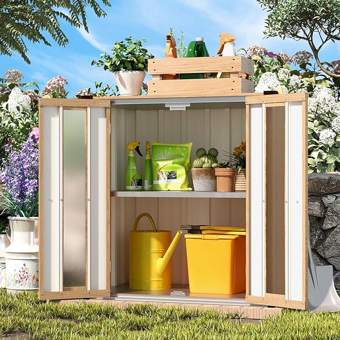 AECOJOY Outdoor Storage Cabinet Waterproof with Shelves, Small Vertical Garden Storage Sheds, Garden Sheds & Outdoor Storage Cabinet Weatherproof for Patio Wood Grain