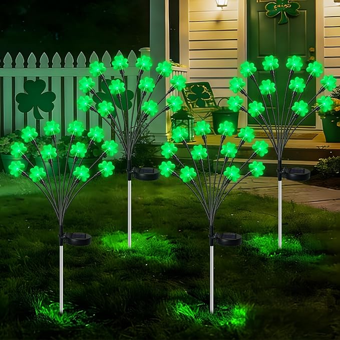 HELESIN St Patricks Day Decorations, 4 Pack St Patricks Day Outdoor Solar Lights with 2 Modes, Waterproof Shamrock Lucky Green Solar Stake Tree Lights for Yard Pathway Lawn Decorations