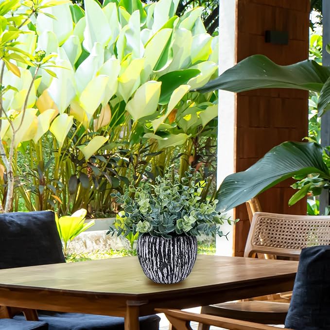 Winlyn Set of 3 Artificial Potted Plants Faux Eucalyptus Rosemary Boxwood Greenery in Black & White Concrete Pots Small Fake Plant for Indoor Outdoor Home Office Table Shelf Windowsill Greens Décor