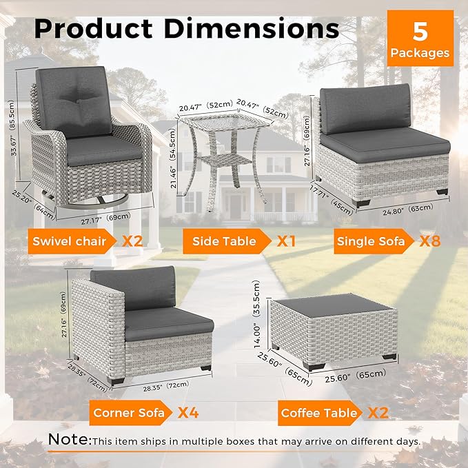 14-Seat Modern Patio Furniture Set with Swivel Rocking Chairs, Thick 4″ Cushions, Dual-Strand Wicker Rattan, Rust-Resistant Steel Frame – Outdoor Conversation & Modular Sectional,Black