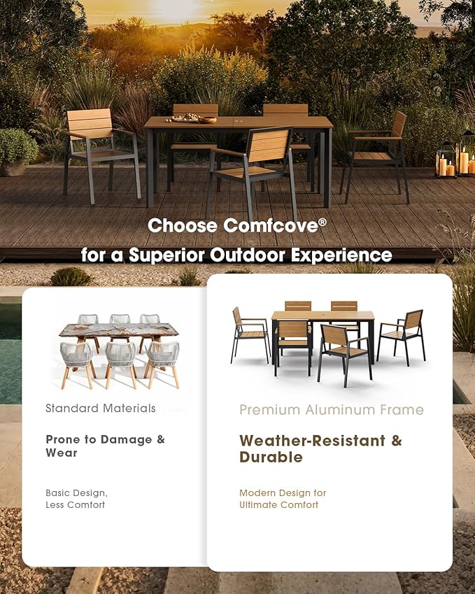 Outdoor Dining Set for 6, Aluminum Patio 7 Piece HDPS Luxury Outdoor Table and Chairs Set with Umbrella Hole, Modren Patio Furniture Set, All-Weather Patio Dining Set for 6, (Gray & Teak)