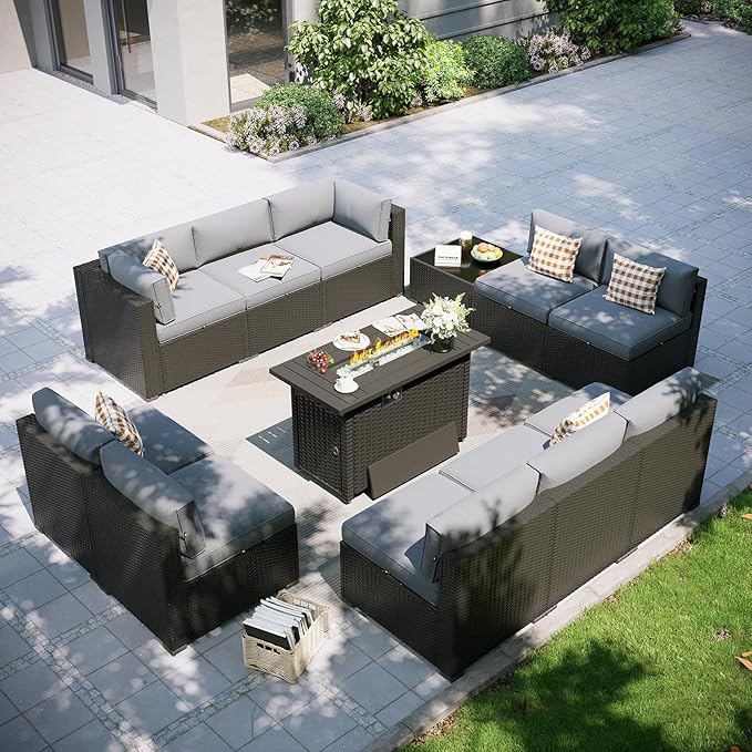 Aoxun Patio Furniture Set with Fire Pit Table, 12 Piece Outdoor Sectional Sofas, 10 Seats Wicker Rattan Outdoor Furniture with Thickened Cushion for Backyard, Garden Light Grey