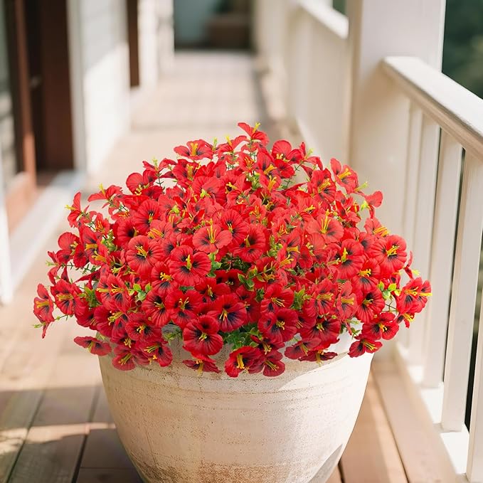 24 Bundles Artificial Pansy Flowers for Outdoor, Faux Silk Pansies Spring Flowers Outside for Planter Front Door Porch Patio Yard Window Box Home Decor (Red)