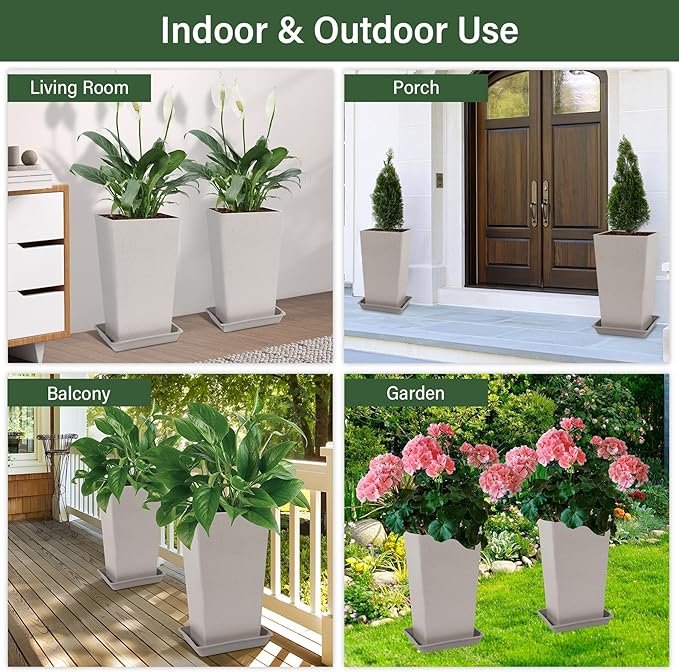 Set of 2 Tall Planter, 21 inch Large Plastic Planter with Drain Hole & Saucers, Large Outdoor Planters for Porch, Garden, Patio, Balcony(Light Gray)