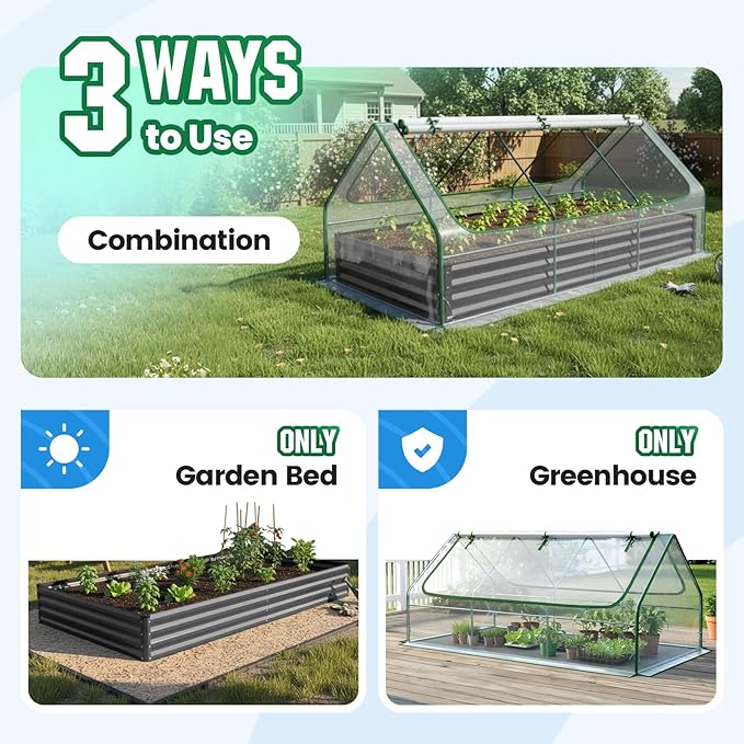 Quictent Raised Garden Bed Galvanized Raised Beds for Gardening Vegetables with Cover 8x4x1 ft Metal Planter Box Outdoor Use (Clear)