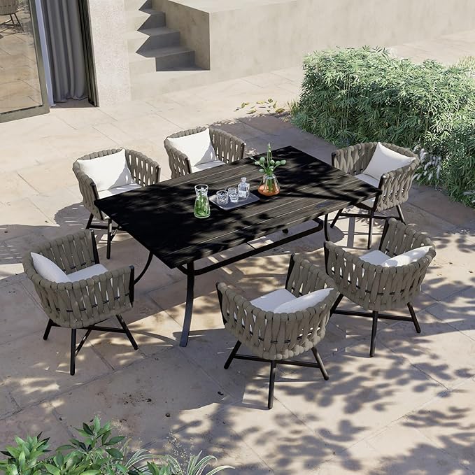Grand patio 7-Piece Outdoor Dining Set for 6, Patio Dining Furniture Set for 6 Swivel Rope Wicker Chairs & 1 Bent Legs Rectangular Dining Faux Woodgrain Table with Umbrella Hole, Light Gray Brown