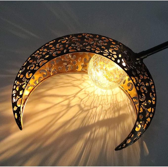 Solar Garden Light Outdoor Decorative, Moon Decor Crackle Glass Globe Garden Stake Metal Lights，Waterproof Warm White LED for Pathway, Lawn, Patio, Yard Ornaments for Outside