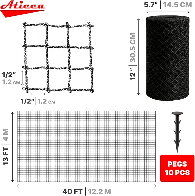 Heavy Duty Bird Netting for Garden Protection & Fruit Trees, 13x40 Ft with 10 Stakes – Black Anti-Bird Net for Poultry, Deer, & Squirrel Protection, Durable Nylon Mesh for Garden and Yard Use