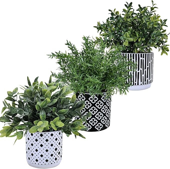 Winlyn 3-Pack Artificial Potted Plants - Faux Eucalyptus, Rosemary, Boxwood Greenery in Small Black & White Geometric Concrete Pots -Desk, Table, Shelf, Windowsill Decor for Indoor Outdoor Home Office