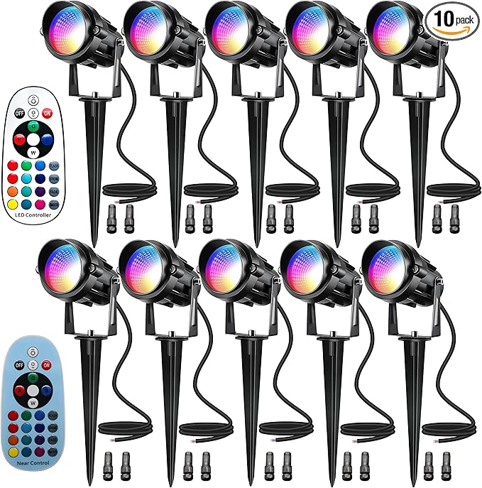 Halloween Christmas Landscape Lights 12W RGBW Outdoor Spot Lights for Yard, Low Voltage LED Landscape Spotlight with Remote Control, IP65 Waterproof Yard Spotlgiht for Lawn, Garden, 10 Pack
