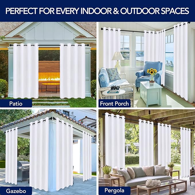 PureFit Outdoor Curtains for Patio Waterproof Weatherproof, UV Resistant Outside Curtains for Gazebo, Front Porch, Pergola, Sun Blocking Privacy Curtain, 52W x 95L inch, Set of 2, White