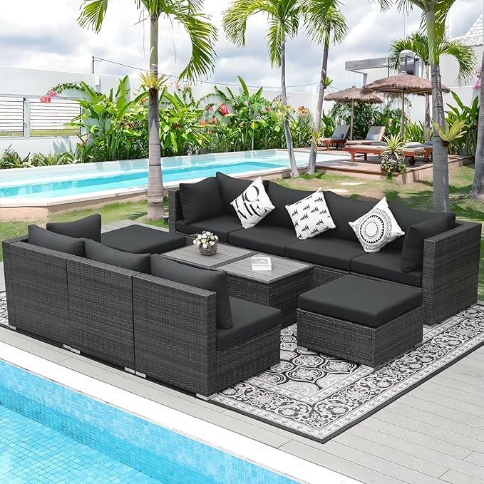 NICESOUL 11 Piece Modern Outdoor Furniture Sofa Set, Extra Large Size Wicker Patio Modular Sectionals, 29.3'' High Back All-Weather Conversations, Deep Wide Seats Sofa Couches for Backyard Deck, Grey