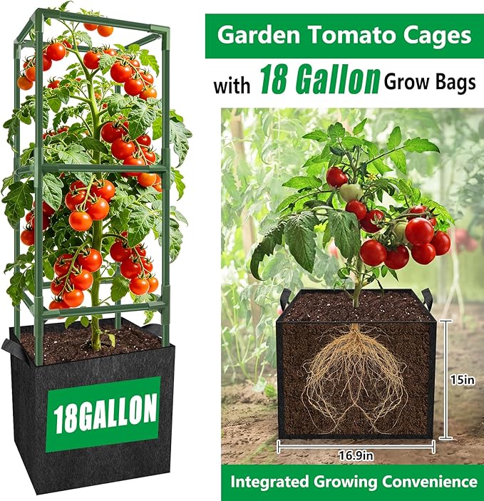 3 Set Square Tomato Cages with 18 Gallon Grow Bags, 49'' Tall Heavy Duty Steel Tomato Trellis Kit for Garden, Plant Support Tower Stakes Cucumber Pepper Trellis for Climbing Vegetable Flowers