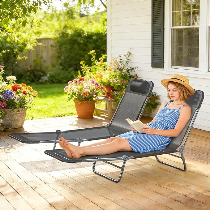 Outsunny 2 Piece Folding Chaise Lounge Chairs, Pool Sun Tanning Chairs with Reclining Back, Breathable Mesh Seat, Headrest for Beach, Yard, Patio, Black
