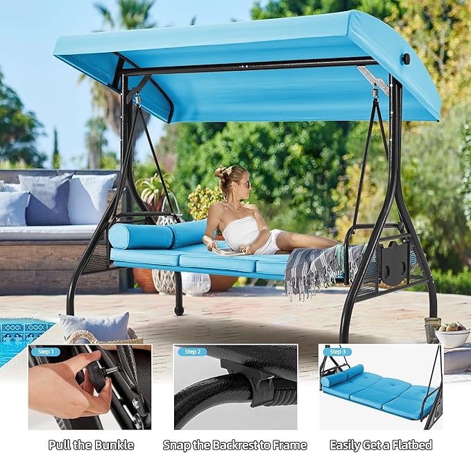 HOMREST 3 Seat Outdoor Porch Swing with Adjustable Canopy, Convertible Patio Swing Bed with Stand, Patio Glider Swing with Upgraded Cup Holder, Thicken Cushions ＆ Pillow for Backyard（Sky Blue）