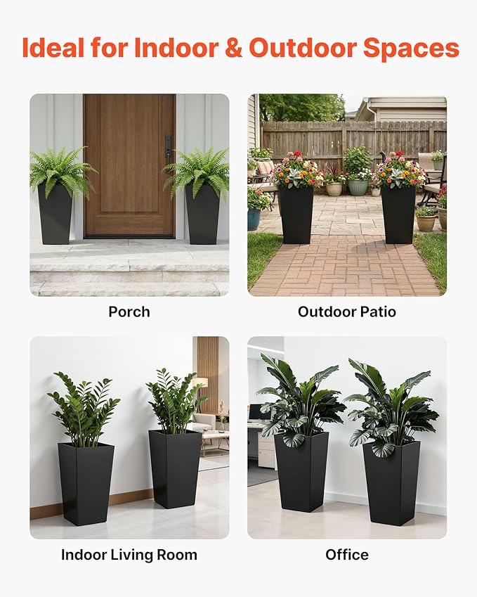 VEVOR Set of 2 Tall Planters for Outdoor Plants 22 inch, Black Tall Planter for Indoor Plants, Modern Planters for Front Porch Patio Balcony, Plant Container Flower Pots with Built-in Drainage