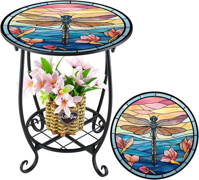 Outdoor Side Table Round Small Mosaic Patio Accent Indoor End Plant Coffee Tea Table for Yard Patio Porch Garden Living Room, Bedroom(Dragonfly Style,12 Inch)