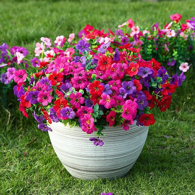Alupssuc 48 Bundles Artificial Flowers for Outdoors Decoration, UV Resistant Silk Faux Daisy Flora Spring Fake Plastic Plants Greenery for Outside Indoor Yard Home Porch Window Box Decor, Mix 3 Colors