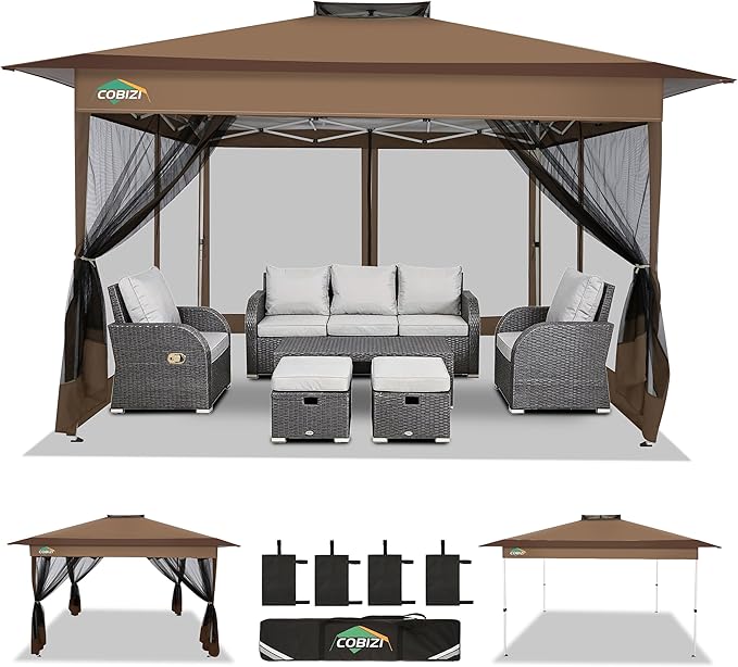 COBIZI 13x13 FT Pop up Gazebo on Clearance - Outdoor pop up Canopy Tent,carpas para Patio, Shelter - Screen Tents with Portable Carry Bag, Patio Gazebos for Camping,Garden,Deck,Backyard,Brown