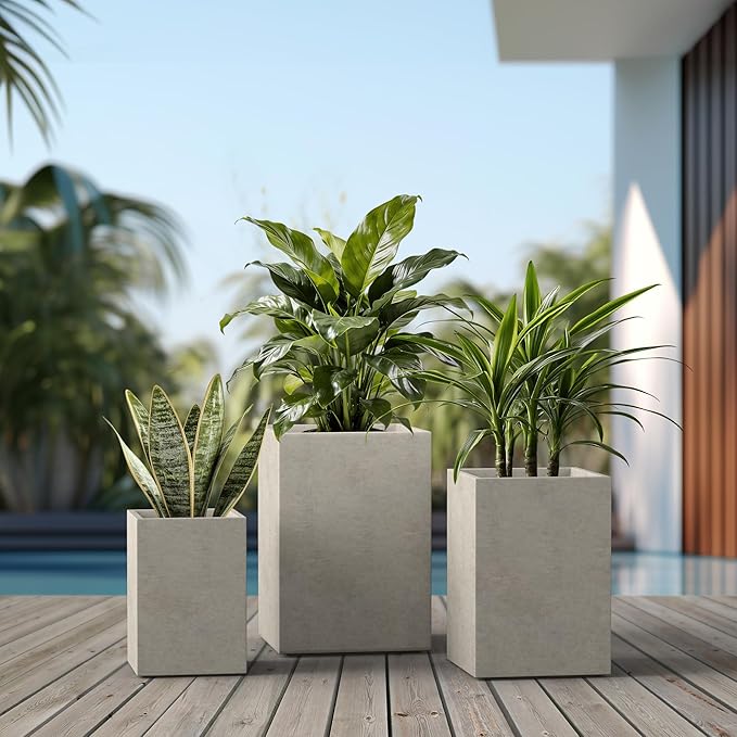 Kante 18.5",15.7",12.6" H Tall Rectangular Concrete Planters Set of 3, Outdoor Indoor Lightweight Plant Pots with Drainage Hole and Rubber Plug, Modern Style for Home Garden Patio, Weatheted Concrete