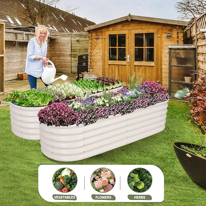 Galvanized Raised Garden Bed - 6x2x1.4FT Metal Planter Boxes Outdoor | Oval Steel Raised Bed Kit for Gardening with Protective Tape, Gloves for Vegetables, Flower, Herb (White)