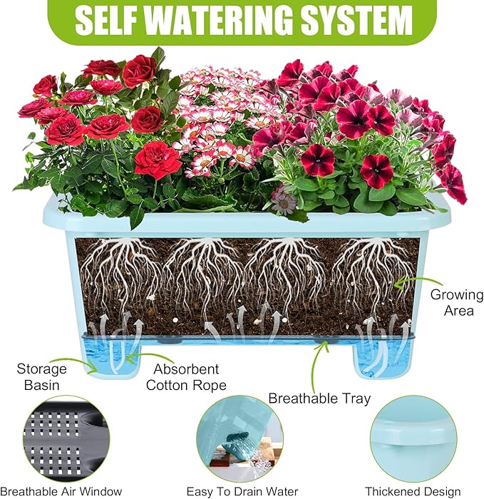 Self-Watering Rectangle Planter Boxes 8-Pack, 15.7-Inch Window Box Planter with Drainage Holes & Trays, Pots for Vegetables, Herbs, Flowers, Garden Windowsill Balcony (Sky Blue)