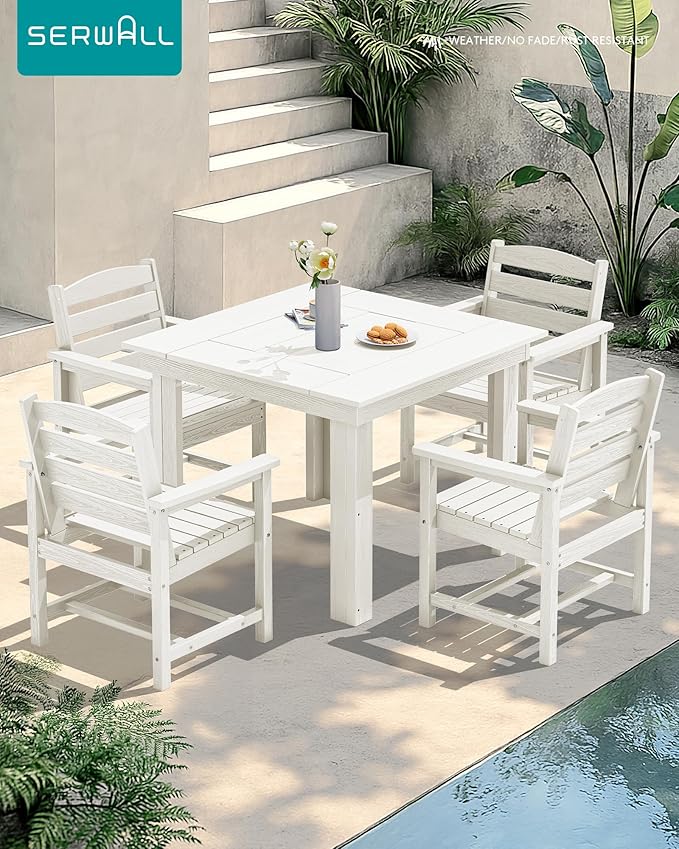 SERWALL Outdoor Dining Set for 4, HDPE Square Table and Chairs Set All Weather Patio Dining Set with 4 Classic Dining Chairs, 5-Piece Patio Dining Furniture for Deck, White
