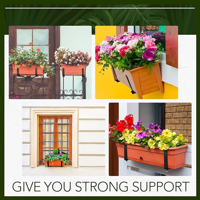 Layhit 10 Pcs Adjustable Planter Box Brackets Universal Heavy Duty Flower Box Brackets Window Iron Railing Planter Holder for Balcony Fence Pergola Patio Garden Windowsill, 6-12.5 Inch (Black)