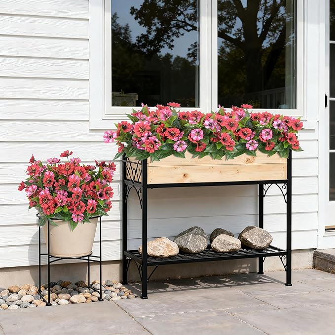 Fake Artificial Flowers for Outdoors Decoration,4 Bundles Silk Faux Spring Flowers with Plants Leave UV Resistant for Planter Front Door Porch Yard Patio Window Box Home Indoor Decor