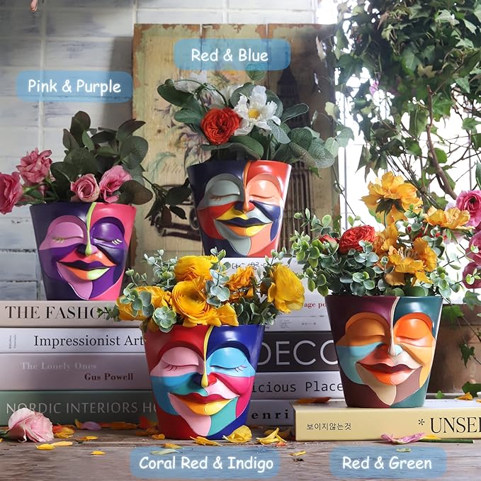 GUGUGO Abstract Rainbow Head Planter, Graffiti Face Planters Pots with Drainage, Flower Plant Pots for Indoor Plants, Unique Funny Pots for Plant Lover Gifts