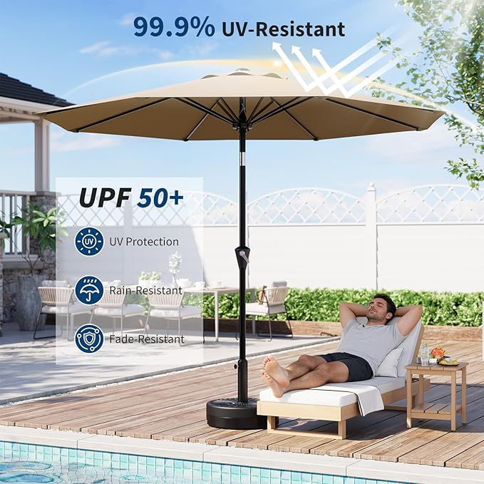 Garvee 9FT Patio Umbrella - Outdoor Table Umbrella with Smooth Crank Lift, Push Button Tilt and 8 Sturdy Ribs - Market Umbrella UV Protection Waterproof for Pool, Deck, Yard, Garden (Tan)