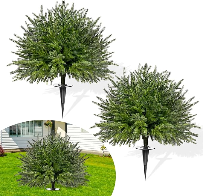 2 Set of 23.6" Artificial Norfolk Tree for Outdoor Front Porch Decor, Boxwood Ball Fake Shrubs UV Resistant Faux Plants for Indoor Outdoor