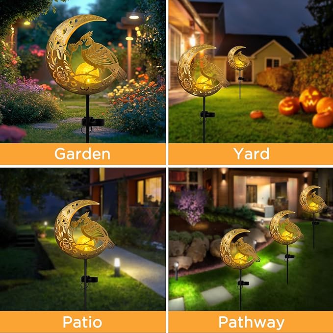 JOBOSI Solar Moon Cardinals Garden Light, Moving Moon & Cardinals Stake Decor for Yard, Lawn, Gifts for Women Mom Grandma, Christmas, New Year Decor Gift