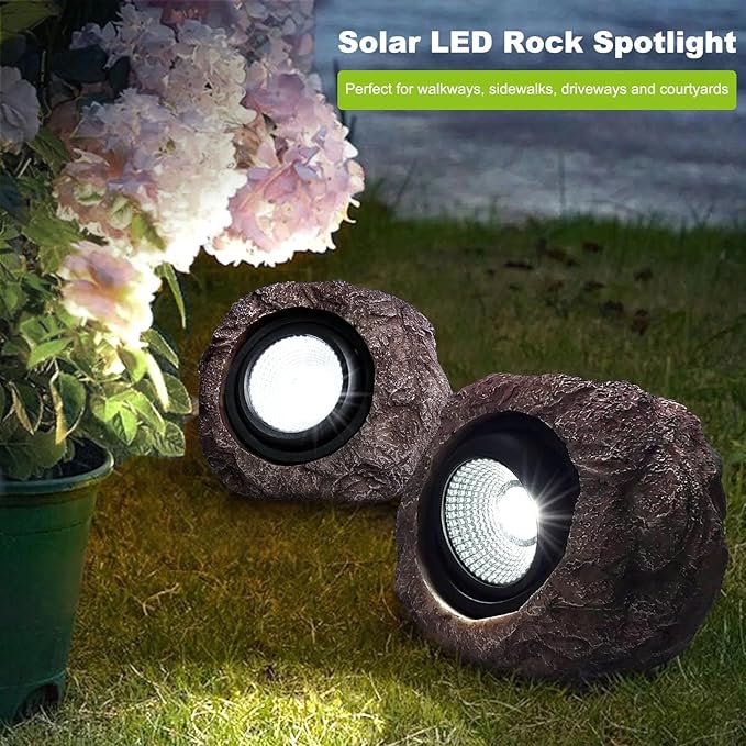 Solar Rock Lights Outdoor Garden Waterproof - Super Bright LED Solar Spotlights, Solar Powered Landscape Path Decorative Garden Stone Lights for Pathway, Walkway, Yard, Patio (2 Pack)
