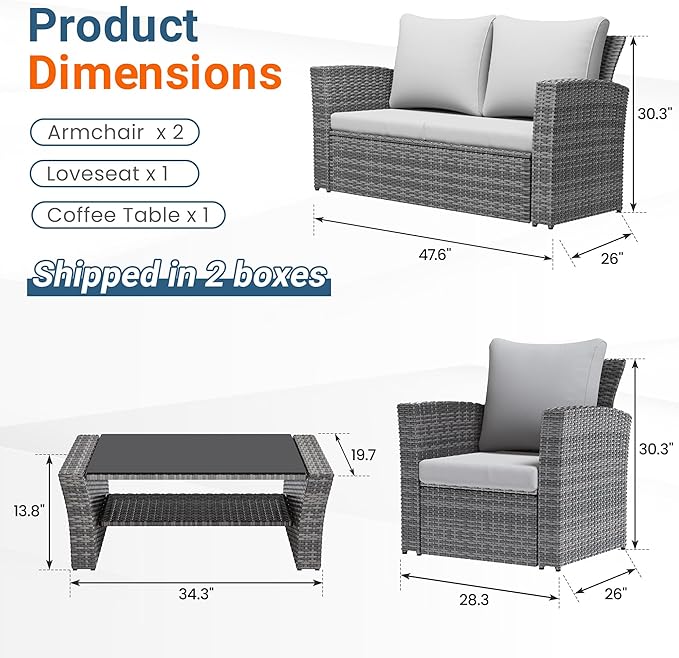 Wisteria Lane 4 Piece Patio Furniture Set, Wicker Outdoor Patio Conversation Furniture Set, All Weather Outdoor Patio Sofa with Cushion and Glass Table, Ash Gray