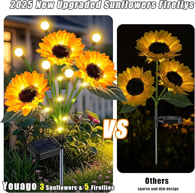 Solar Sunflower Lights Outdoor 6 Pack Sunflower Firefly - Gifts for Mom Women Grandma, Waterproof Flower Lights for Garden Pathway, Birthday Mothers Day Decor
