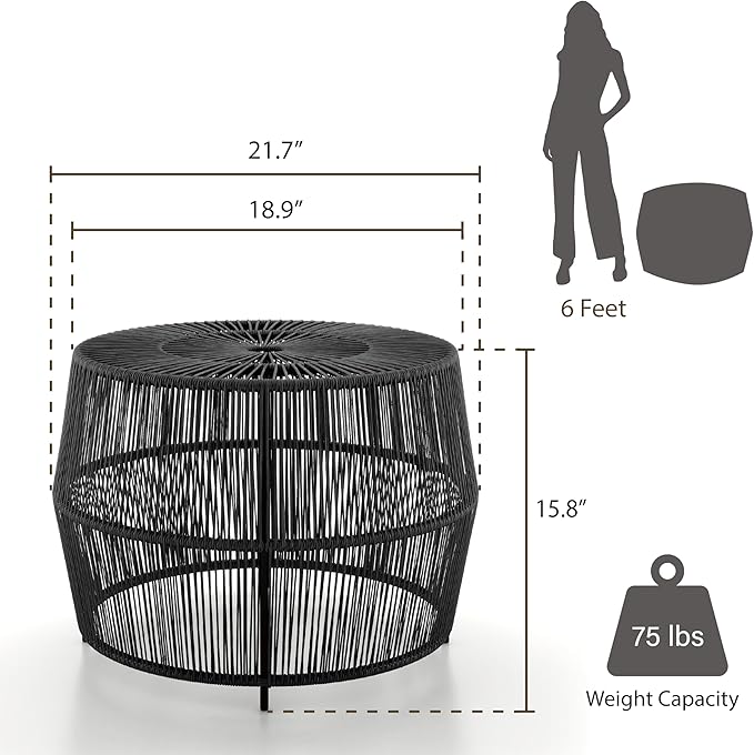 Furniture of America Ysar Boho Rattan Round Coffee Table Outdoor with Metal Frame, All-Weather and Rust Resistant, Handcrafted Coastal Furniture for Patio, Poolside, Garden, Yard, Black