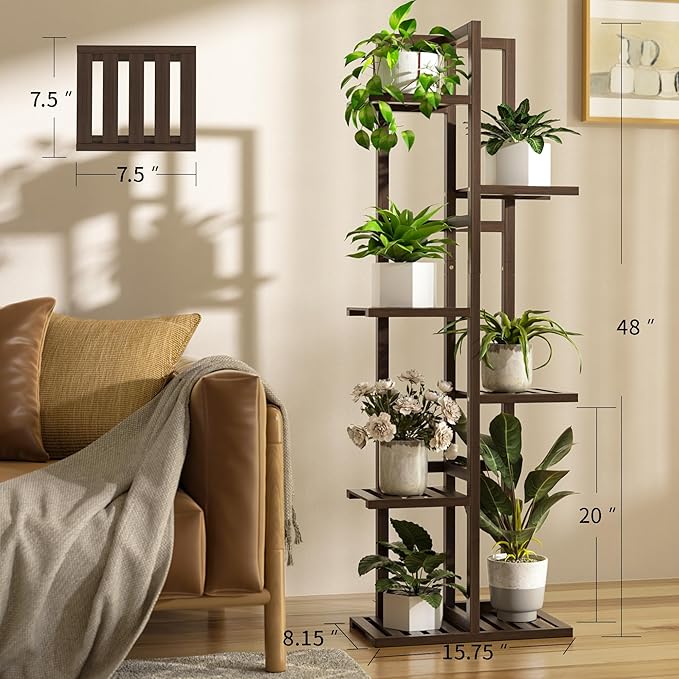 6 Tier Bamboo Plant Stand Indoor, Wood Tall Flower Holder Corner Tiered Plant Shelf for Multiple Plants (Brown)