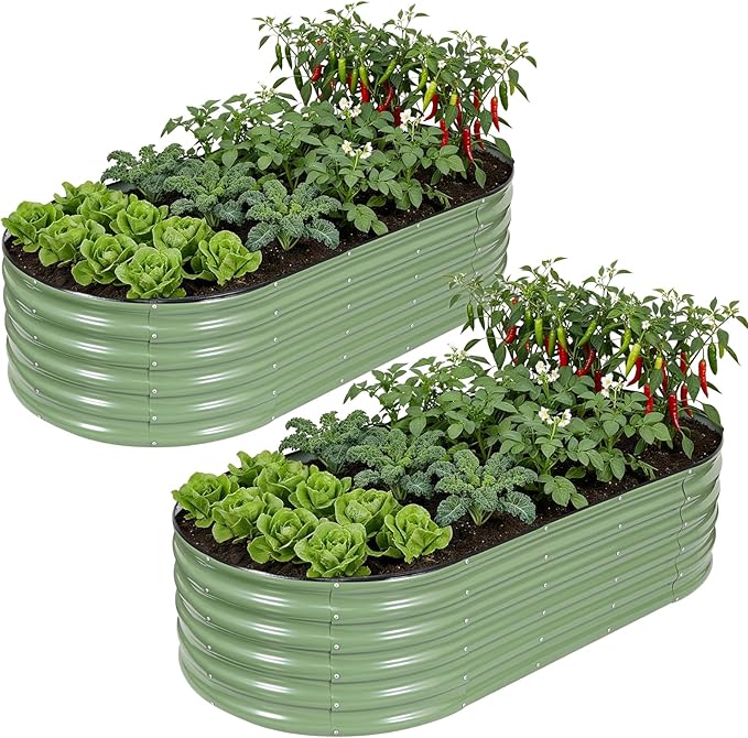 Galvanized Raised Garden Bed Outdoor, 6x3x1.4ft Oval Metal Raised Beds for Gardening, Rust-Resistant Garden Planter Box for Planting Vegetables, Flowers, Fruits in Lawn(Olive Green, 2 Packs)