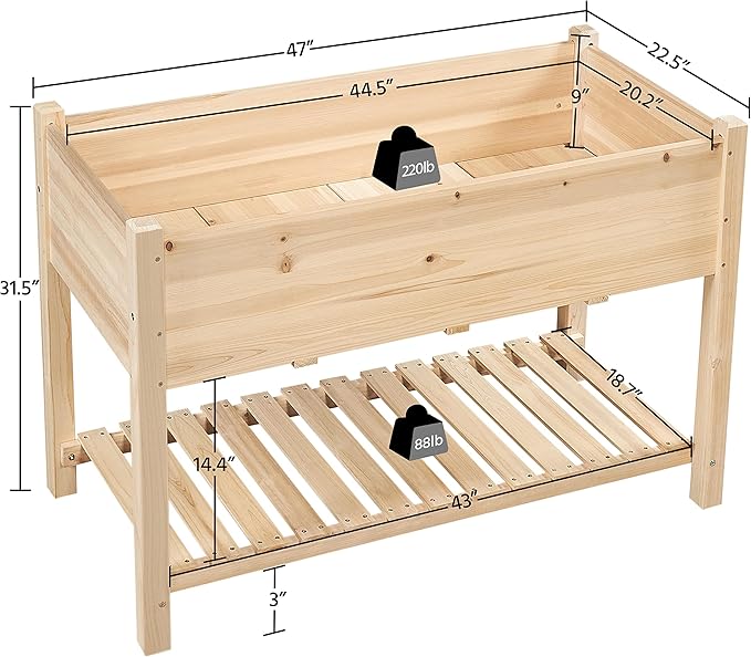 Yaheetech 47x23x32in Wooden Raised Garden Bed with Legs & Storage Shelf Horticulture Wooden Elevated Planter Box Vegetable Growing Bed for Flower/Herb/Backyard/Patio, 2pcs