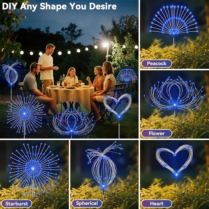 Garden Outdoor Lights, 2 Pack 120 LED Solar Garden Lights Fairy Lights Outdoor Waterproof Decorative Solar Firework Lights for Yard, Patio, Pathway, Flowerbed Party Wedding Decor, Blue