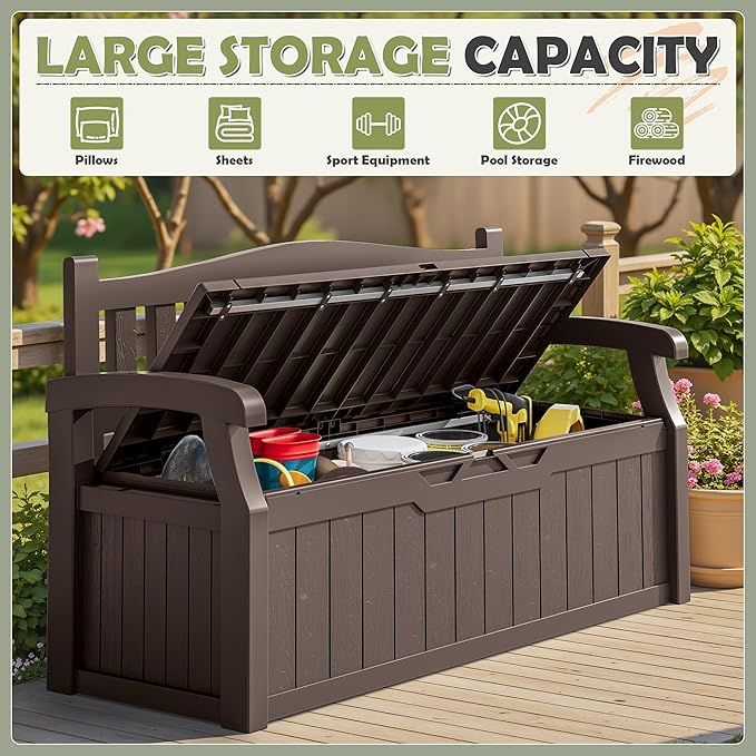 Homall 75 Gallon Outdoor Storage Benches Lockable Deck Box with Waterproof and UV Resistant, Waterproof Storage Box for Patio Furniture, Tools, Cushions (Brown)
