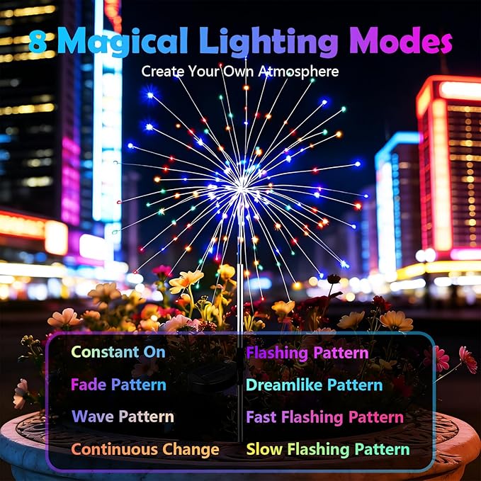 2 Pack Solar Firework Lights Outdoor - Verified 200 LED & 8 Modes - Starburst Solar Powered Garden Lights, Reinforced Durable Stakes, Waterproof Pathway Walkway Lights for Yard Patio Decor